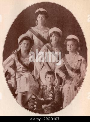 Russland - die Kinder von Zar Nicholas II und Tsarina Alexandra Feodorowna: (Im Uhrzeigersinn von links): Großherzogin Olga (1895-1918), Großherzogin Tatiana (1897-1918), Großherzogin Maria (1898-1918), Großherzogin Anastasia (1901-1918) und Tsesarevich Alexei (1904-1918). Stockfoto