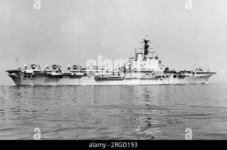 Royal Navy - HMS Albion R07, ein Flugzeugträger der Centaur-Klasse, einige Zeit vor ihrer letzten Starrflügelkreuzfahrt, mit Fairey Gannets an Deck. Stockfoto