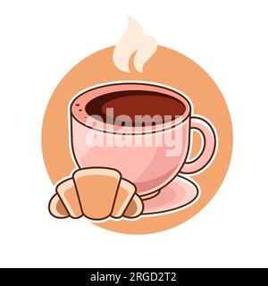 Kaffee-Poster. Darstellung eines Linienvektors. Eine Tasse Kaffee mit Dampf, Croissant und irischem Kaffee. Stock Vektor