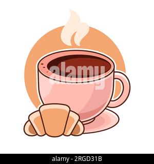 Kaffee-Poster. Darstellung eines Linienvektors. Eine Tasse Kaffee mit Dampf, Croissant und irischem Kaffee. Stock Vektor