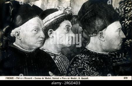 Detail eines Gemäldes im Palazzo Riccardi von Benozzo Gozzoli, das (von links) Cosimo de Medici mit Salviati und Piero de Medici darstellt. Stockfoto