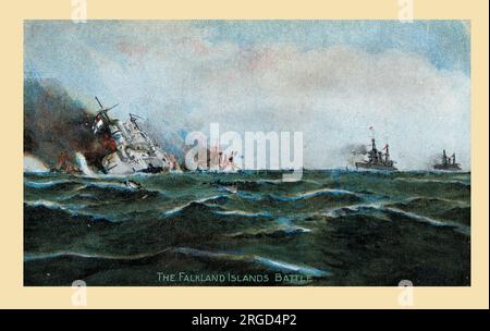 WW1 - Falkland Islands Battle, Dezember 1914. Die Ankunft der "Unbesiegbaren" (das Flaggschiff des Vizeadmirals Sir F. D. Sturdee) und der "unflexiblen" Wendung des Kampfes gegen die deutsche Flotte unter Admiral von Spee. Zuerst sank die Scharnhorst, dann die Gneisenau, Leipzig und Nürnberg. Stockfoto