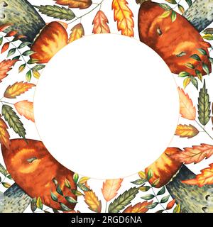 Runder quadratischer Rahmen in Aquarellfarbe mit wilden waldroten Pilzen und Herbstblättern, isolierte handgezeichnete Illustration auf weißem Hintergrund für Banner Stockfoto