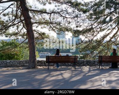 Blick von der Belgrader Festung im Kalemegdan Park über den Fluss Save in der Stadt Belgrad, Serbien. August 8,2023. Stockfoto