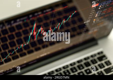 Nahaufnahme eines Handelsdiagramms, das auf dem Bildschirm des Laptops angezeigt wird. Börse, Trendlinie in Kerzenform. Hochwertiges Foto. Stockfoto