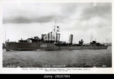 HMS Crusader (H60) - ein Zerstörer der C-Klasse, der 1931 für die Royal Navy gebaut wurde. Sie war in der Heimatflotte und den Mittelmeerflotten tätig und verbrachte während des spanischen Bürgerkriegs Ende 1936 sechs Monate in spanischen Gewässern, um die von Großbritannien und Frankreich auf beiden Seiten des Konflikts verhängte Waffenblockade durchzusetzen. Crusader wurde 1938 an die Royal Canadian Navy (RCN) verkauft und in HMCS Ottawa umbenannt. Am 14. September 1942 vom deutschen U-91 versenkt. Stockfoto