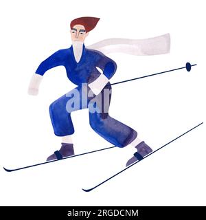 Skifahrer in Wasserfarben in blauem Pullover. Einsame Winterdarstellung. Sport. Clipart (Clipart). Rasterdarstellung für Resort und Stockfoto