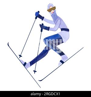 Skifahrer in Wasserfarben in blauem Pullover. Einsame Winterdarstellung. Sport. Clipart (Clipart). Rasterdarstellung für Resort und Stockfoto