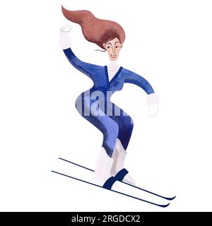 Skifahrer in Wasserfarben in blauem Pullover. Einsame Winterdarstellung. Sport. Clipart (Clipart). Rasterdarstellung für Resort und Stockfoto