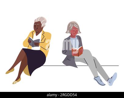 Rentnerinnen lesen. Ruhestandszeit, Senioren buchen Liebespaar Vektordarstellung Stock Vektor