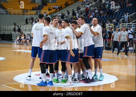 Athen, Lombardei, Griechenland. 8. Aug. 2023. Serbische Nationalmannschaft vor dem Aegean Acropolis Turnier zwischen Griechenland und Serbien am 8. August 2023 im Oaka-Stadion in Athen, Griechenland. (Kreditbild: © Stefanos Kyriazis/ZUMA Press Wire) NUR REDAKTIONELLE VERWENDUNG! Nicht für den kommerziellen GEBRAUCH! Stockfoto