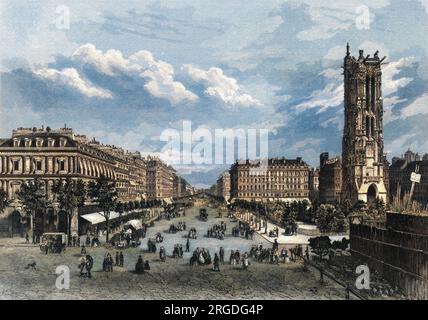 Einer der breiten Boulevards, der durch die alten Straßen ragt, dank der Pläne von Baron Haussmann. Stockfoto