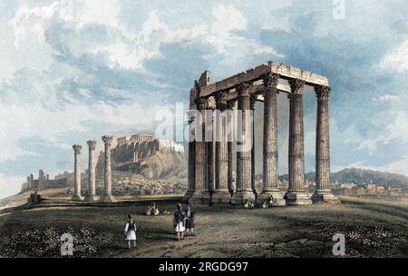 Ruinen des Tempels des Jupiter Olymp : Sie können die Akropolis in der Ferne sehen. Stockfoto