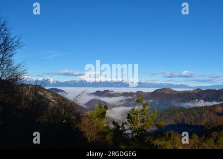 Blick auf die Berge Grintovec, Skuta und Kocna in den Kamnik-Savinja-alpen in Slowenien mit Nebel über den Bergen und zwischen den bewaldeten Hügeln Stockfoto