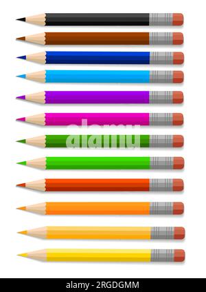 Ein Satz Buntstifte, 12 Farben. Schulartikel, Schulbedarf, Schreibwaren auf weißem Hintergrund im EPS10-Format. Zurück in die Schule Stock Vektor
