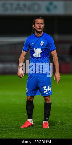 Whaddon Road, Cheltenham, Gloucestershire, Großbritannien. 8. Aug. 2023. EFL Carabao Cup Fußball, Cheltenham Town gegen Birmingham City; Ivan Sunjic von Birmingham City Credit: Action Plus Sports/Alamy Live News Stockfoto