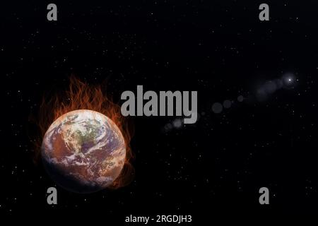 Der Planet Erde brennt in offenem, schwarzem Raum und die Sonne scheint im Hintergrund.3D Darstellung der politischen Konzeptidee der globalen Erwärmung Stockfoto