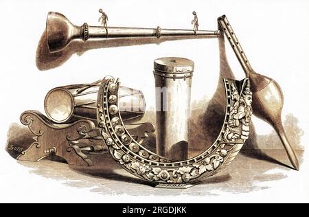 Eine Auswahl indischer Musikinstrumente, 1851. Es werden ein Pungi (Reedpipe bevorzugt von Schlangenbeschwörern, auch bekannt als "war" oder "bin") und ein Dholak oder eine Trommel gezeigt. Stockfoto