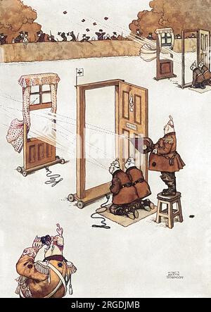 Noch eine geniale deutsche Taktik, dargestellt von Heath Robinson. Hier blasen die Deutschen mit der Absicht, eine schreckliche Kälte in den britischen Gräben zu starten. Es funktioniert bereits, wie man sehen kann, wie britische Truppen mit Nackenschmerzen kämpfen. Stockfoto