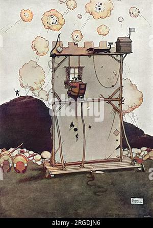 In diesem Heath Robinson-Cartoon patrouilliert ein Hund auf seinem schmalen Fußweg, mit Hut auf seinem Schwanz, und bringt deutsche Artillerie weit über die eigentlichen Soldaten. Bei der Herstellung dieses Cartoons wurden keine Tiere verletzt (wir hoffen). Stockfoto