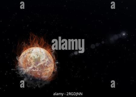 Der Planet Erde steht in Flammen und Rauch mit einer strahlenden Sonne im dunklen Hintergrund. 3D Darstellung des politischen Konzepts Wildfire in einer Entschließung von 8K Stockfoto