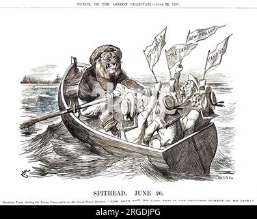 Cartoon, Spithead, Juni 26 -- ein Marinebericht zu Ehren des Diamantenjubiläums von Königin Victoria. Ein britischer Löwe rudert junge Löwen aus den Kolonien - Australien, Neuseeland, Kap und Kanada - hinaus, um den Review zu sehen, und sagt: "Lieber Gott, liebe Freunde, dies ist der stolzeste Moment meines Lebens!" Stockfoto