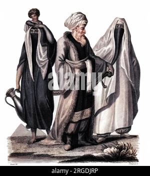 Ibrahim Bey, Häuptling von Haraktas und Häuptling von Konstantine, mit einem weiblichen Wasserträger und Kind und auch einer ägyptischen Frau von Rang. Stockfoto