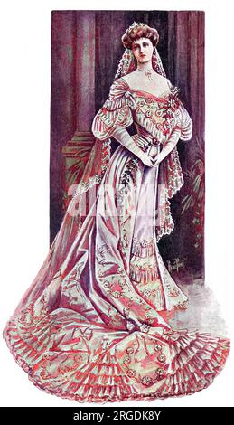 Das Hochzeitskleid von Prinzessin Alice von Albany, die Prinz Alexander von Teck 1904 geheiratet hat. Der Rock besteht aus weichem, flexiblem Satinmousellin, ergänzt durch einen sehr langen Zug, mit weißen Chiffonrosen, Nadelblattwerk und Ludwig-Seize-Samtschleifen mit Diamanten besetzt. Das Kleid umfasst auch einen Chenillerand; Rüschen, Püppchen und Flattern aus weißem Chiffon und einem Satinkorsett und kleine Chiffonärmel und Bouillons aus Tüll, genäht mit brillanten Tüllchen um die Dekolletage. Eine kleine Ansammlung von Orangenblüten wird getragen und der Schleier aus Honiton-Spitze wurde von Königin Victoria und getragen Stockfoto