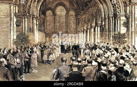 Die Hochzeitszeremonie in der Whippingham-Kirche auf der Isle of Wight zwischen Prinzessin Beatrice (jüngstes Kind von Königin Victoria und der Gemahlin des Prinzen) und Prinz Henry von Battenberg. Stockfoto