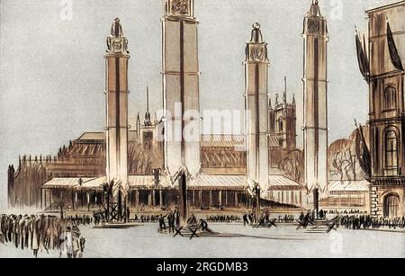 Die Stände und Dekorationen in der Nähe der Westminster Abbey zur Krönung von König George VI. Erinnern an den Stil mittelalterlicher Turniere. Stockfoto