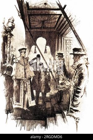 König George VI. Trägt das karmesinrote Gewand und die Kapelle des Anwesens und wird am 12. Mai 1937 zur Krönung in Westminster Abbey aufgenommen. Stockfoto