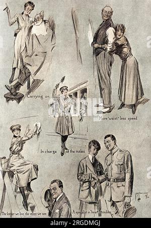 Eine Seite mit Skizzen von "Männerarbeit, die die Männer den Frauen wünschen", eine humorvolle (und leicht chauvinistische) Bemerkung zu den traditionell männlichen Jobs, die Frauen während des Ersten Weltkriegs angenommen haben. Stockfoto