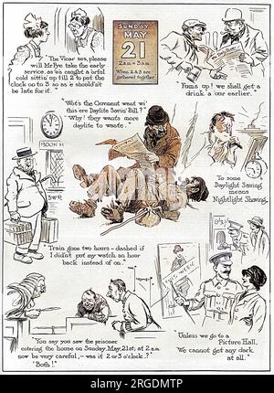Eine Seite mit humorvollen Skizzen über die im Ersten Weltkrieg neu eingeführte Sommerzeit, die zeigt, wie sie den Zeitplan der Bevölkerung verwirren und durcheinander bringen würde, oft zu ihrem Vorteil. Stockfoto