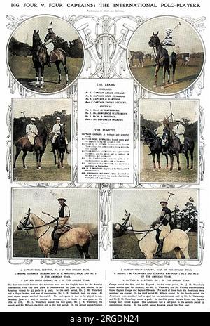 Die britischen und amerikanischen Polo-Teams, die 1913 am International Polo Trophy (Westchester Cup) teilnahmen. Das amerikanische Team war als „Big Four“ bekannt und war J. M. Waterburyl, Lawrence Waterbury, H. P. Whitney und Mr. Devereux Milburn. Das englische Team waren Captain Leslie St Clair Cheape, Captain Noel Edwards, Captain R. G. Ritson und Captain Vivian Lockett. Die Amerikaner gewannen einen knappen Sieg und im folgenden Jahr gelang es England ein paar Monate vor Ausbruch des Ersten Weltkriegs einen berühmten Sieg gegen die USA. Captain Cheape, hier beschrieben als ein brillanter und mächtiger Killer Stockfoto