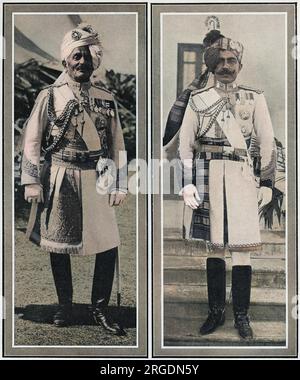 Auf der linken Seite: Generalleutnant MAHARAJA SRI SIR PRATAP SINGH SAHIB BAHADUR VON IDAR (1845-1922). Maharaja, ein berufstätiger Soldat der britischen indischen Armee, aus dem Fürstentum Idar und Erbe von Ahmednagar von 1902 bis 1911, als er zugunsten seines adoptierten Sohnes abdankte. Ein „Krieger“ des britischen Reiches war eine Freundin von Königin Victoria, die als Adjutant für Edward VII. Diente und ein enger Freund des zukünftigen Königs George V. auf der rechten Seite, Colonel, Sir Ganga Singh, der MAHARADSCHA VON BIKANER (1880-1943), der ein Kamelkorps aufbaute und ausstattete. Er war Oberst in den 2. Bengal Lancers, kämpfte für den Br Stockfoto