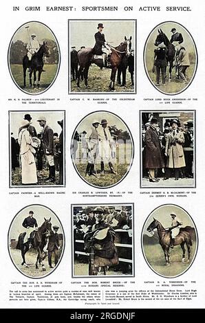 Der Aufruf zu den Waffen rief einige prominente Sportler an die Front. Unter ihnen sind Captain McCalmont, der Besitzer der Tetrarch, Captain Tomkinson, von Polo Fame, und Captain Gibbon, der Cambridge Renncoach, der auch einen Sprungpreis für Offiziere der International Horse Show gewonnen hat. Stockfoto