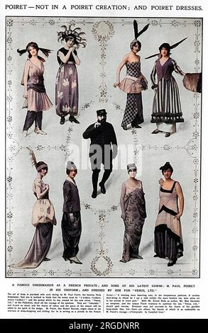 Paul Poiret (1879-1944), einflussreicher französischer Modedesigner, bildete sich als Privatperson der französischen Armee während des Ersten Weltkriegs, umgeben von einer Reihe von Kostümen, die er für die Show "Venus Ltd" entworfen hatte, die 1915 im London Palladium inszeniert wurde, geschrieben von Ernest Rolls und mit einer Punktzahl von Max Darewski. Stockfoto