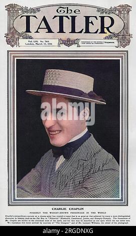 Titelseite des Tatlers mit einem Porträt von Charlie Chaplin (Sir Charles Spencer), englischem Komiker und Schauspieler (1889-1977). Chaplin war der größte Filmstar der Zeit des Großen Krieges, eine Tatsache, die vom Tatler bestätigt wurde, der ihn als die wahrscheinlich größte bekannte Persönlichkeit der Welt beschreibt. Stockfoto