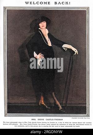 IRENE CASTLE (Nee FOOTE) Dancer, mit ihrem Mann Vernon Castle bekannt als „America's Dancing Sweethearts“. Die beiden waren unglaublich erfolgreich und ihre Einnahmen waren hoch. Vernon wurde 1918 bei einem Flugunfall getötet. Als Modeführerin wird sie hier mit dem letzten Wort von Lucile dargestellt. Stockfoto