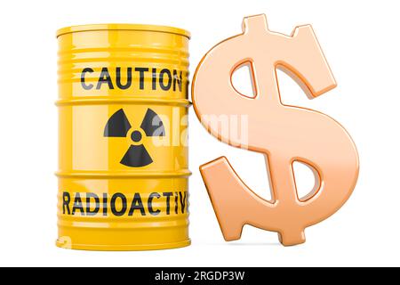 Uranerz konzentriert sich in Fässern mit Dollarzeichen, 3D-Darstellung isoliert auf weißem Hintergrund Stockfoto