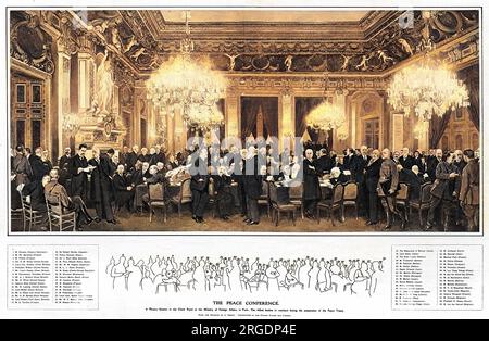 Eine Plenarsitzung im Uhrensaal des Außenministeriums in Paris: Die alliierten Führer im Konklave während der Vorbereitung des Friedensvertrags 1919. Stockfoto