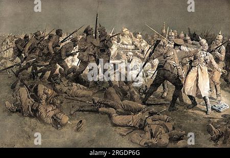 Verzweifelter Versuch der berühmten Preußischen Garde, die britische Schutzlinie um Ypern in Flandern im November 1914 zu durchbrechen. Die britische Infanterie hat die Deutschen mit schweren Verlusten abgewiesen. Stockfoto