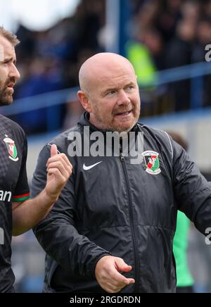 Mourneview Park, Lurgan, County Armagh, Nordirland, Vereinigtes Königreich. 05 Aug 2023. Sports Direct Premiership – Glenavon 0 Glentoran 1, Premiere der Saison. Glentoran-Trainer Tim McCann. Stockfoto