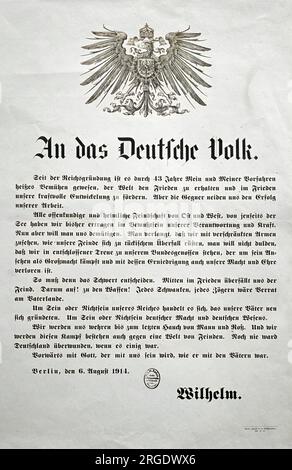 Die Ansprache von Kaiser Wilhelm II. An das deutsche Volk zu Beginn des Ersten Weltkrieges. Stockfoto