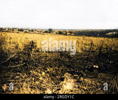 Blick auf die Combles an der Westfront in Frankreich während des Ersten Weltkriegs, von einem alten deutschen Graben aus gesehen. Stockfoto
