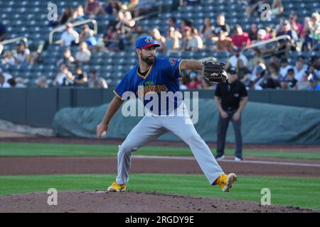 August 5 2023: El Paso Pitcher Michael Wacha (15) wirft während des Spiels mit El Paso Chihuahuas und Salt Lake Bees im Smiths Field in Salt Lake Ut einen Platz. David Seelig/Cal Sport Medi Stockfoto