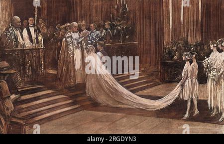 Die Hochzeitszeremonie in Westminster Abbey am 26. April 1923 zur Hochzeit von Prinz Albert, Herzog von York, mit Lady Elizabeth Bowes-Lyon (dem zukünftigen König George VI. Und Königin Elizabeth, der Königinmutter). Stockfoto