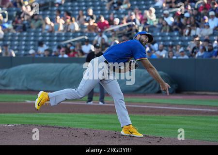 August 5 2023: El Paso Pitcher Michael Wacha (15) wirft während des Spiels mit El Paso Chihuahuas und Salt Lake Bees im Smiths Field in Salt Lake Ut einen Platz. David Seelig/Cal Sport Medi Stockfoto