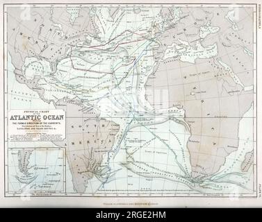 Physische Karte des Atlantiks (Strömungen, Temperaturen, Handelsrouten) Stockfoto