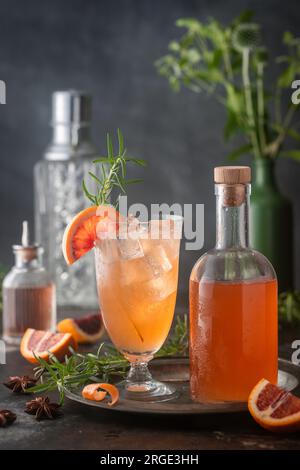 Tiefgefärbter Cocktail auf Eis mit Blut-Orangensirup und Club Soda auf Eis in altem Glas mit Sirupflasche, Zitrus- und Rosmarin-Garnierung Stockfoto